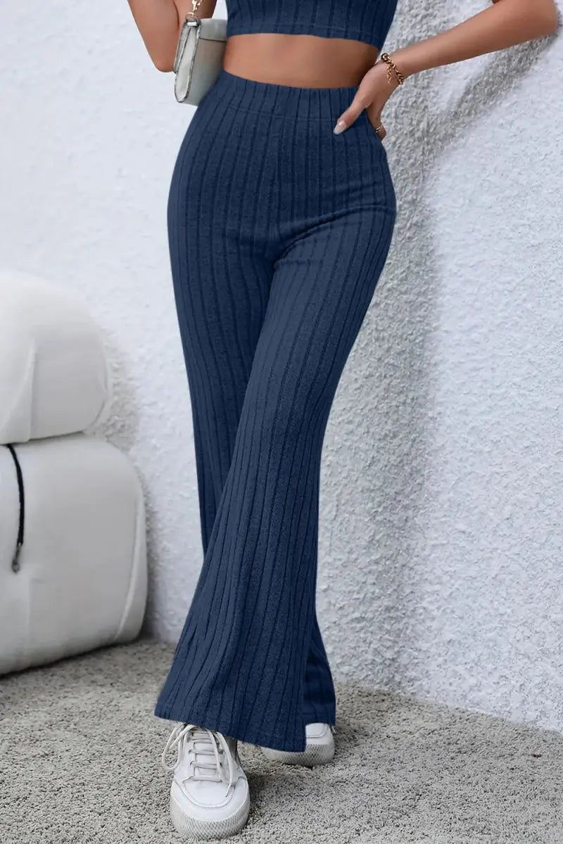 Basic Bae Full Size Ribbed High Waist Flare Pants for Women - Love Salve